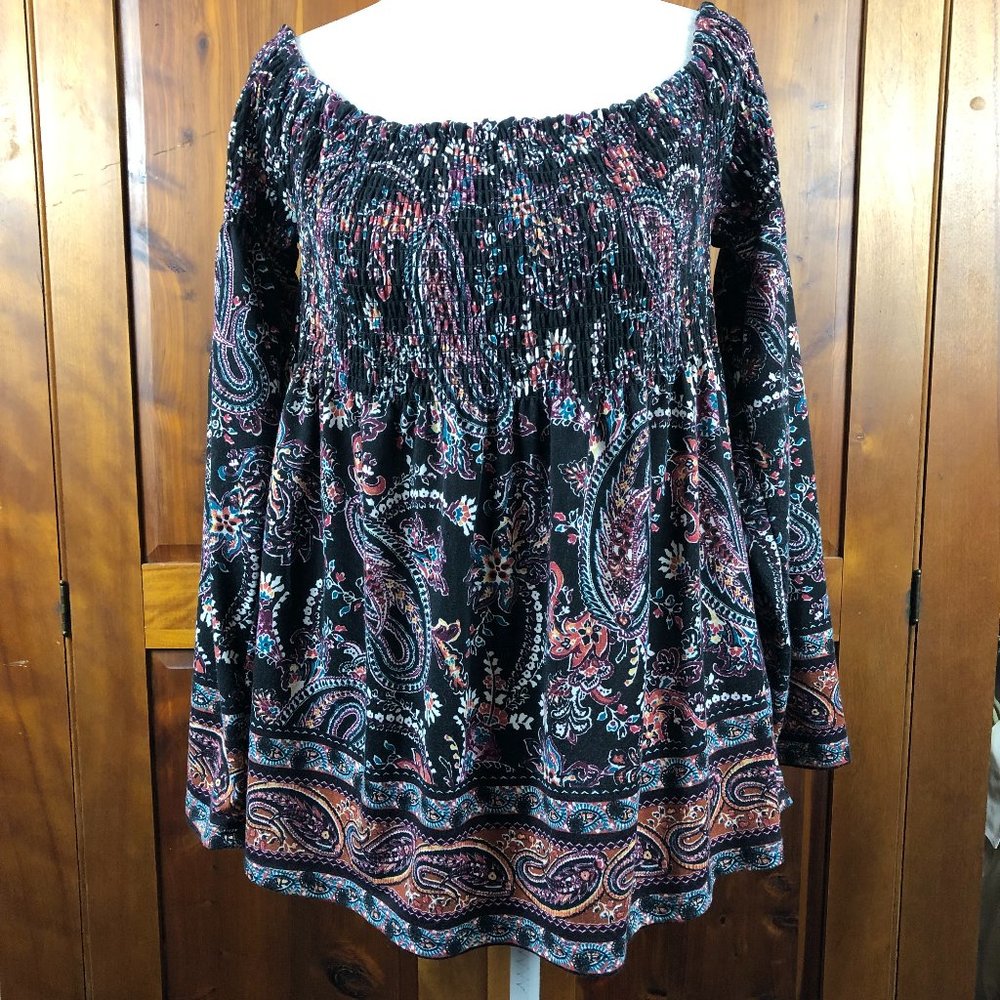 Xhilaration Paisley Cottagecore Peasant Smocked Fairy Grunge Babydoll Top Boho